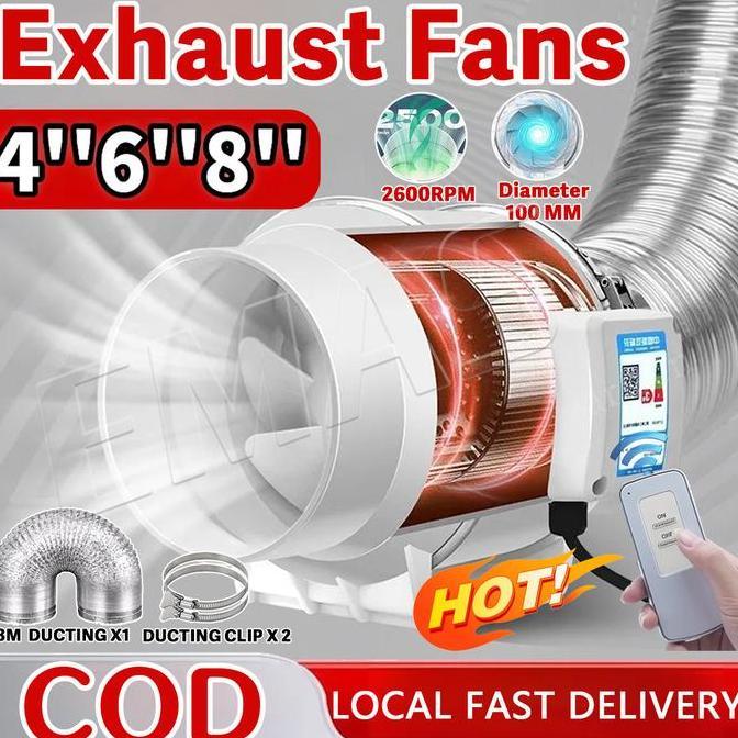 ATHHINE 4 " 6" 8 "Kipas Angin Buang Diam Ekstraktor  Exhaust Fan Tekanan Meningkatkan Fan Ventilator