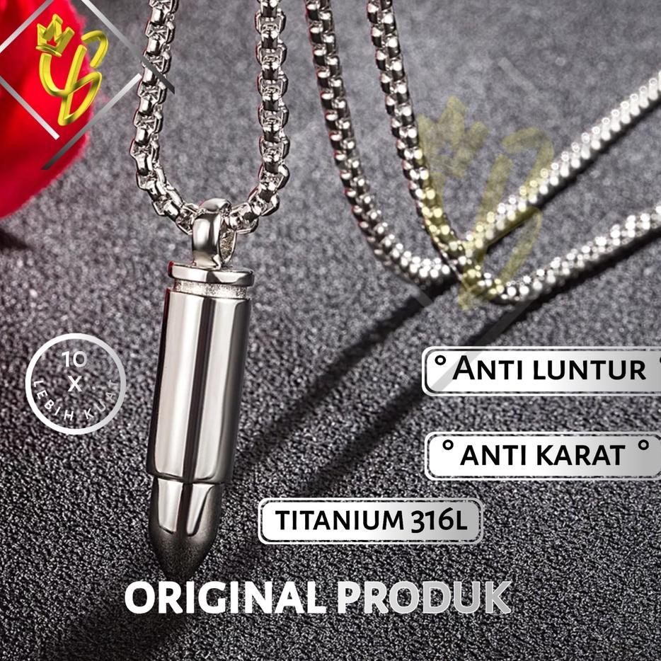 Kalung Pria Titanium Anti Karat Liontin Peluru Rantai Rante Silver Perak Emas Putih Asli Keren