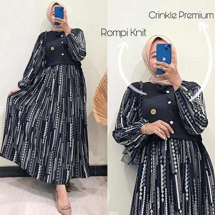 sipeno_store - monalisa midi dress rompi vest perpaduan crinkle aleva x knit premium muslim gamis wa