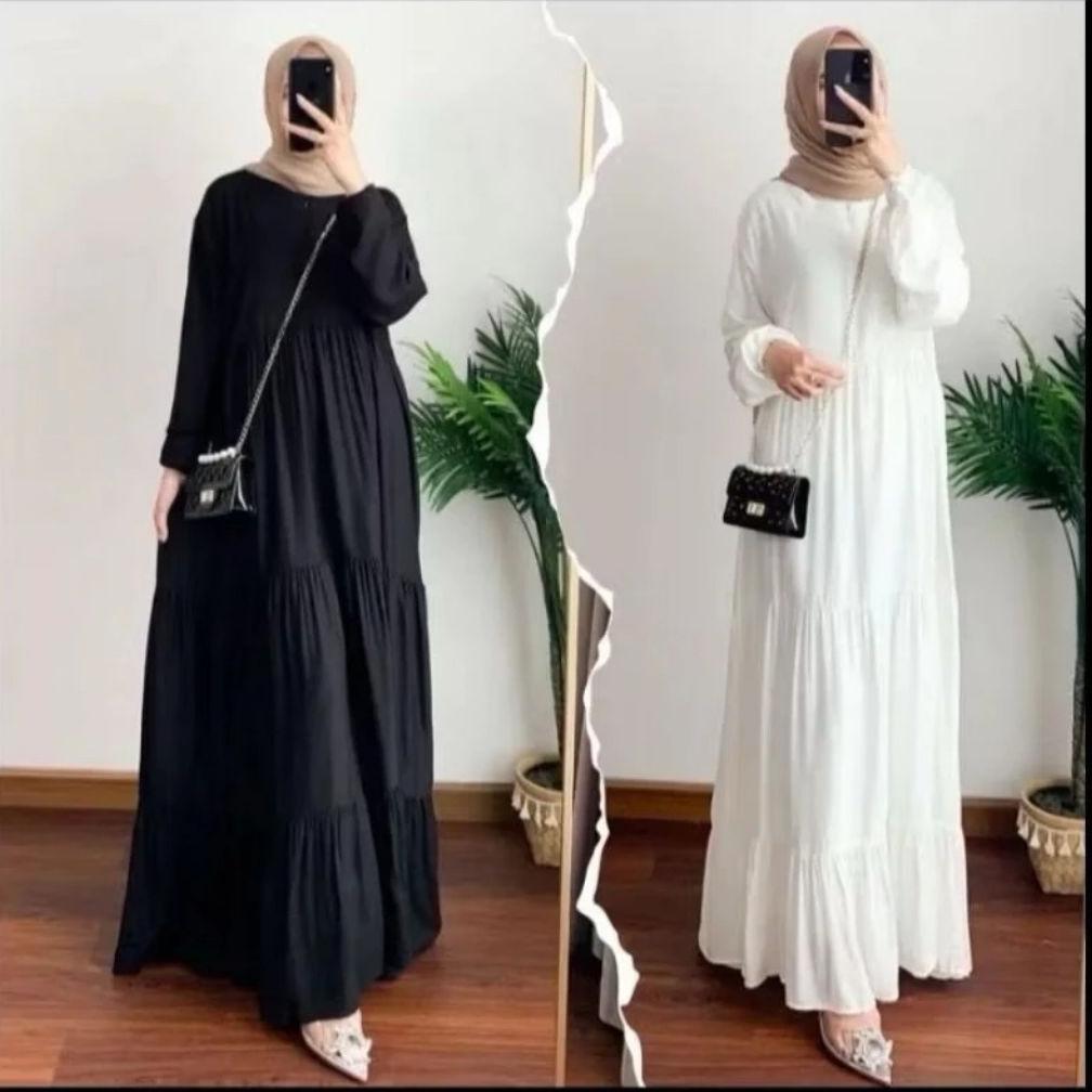 DISKON GAMIS HITAM PUTIH REMPEL SUSUN BAHAN RAYON PREMIUM / BUSANA MUSLIMAH TERBARU / GAMIS TERBARU