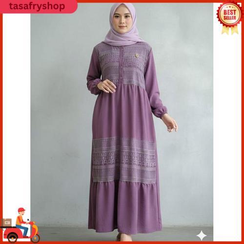 Gamis Tinta Bahan Crinkle Kombinasi Motif Bunga Etnik Abstrak/Gamis Terbaru Model Masa Kini/Gamis Pe