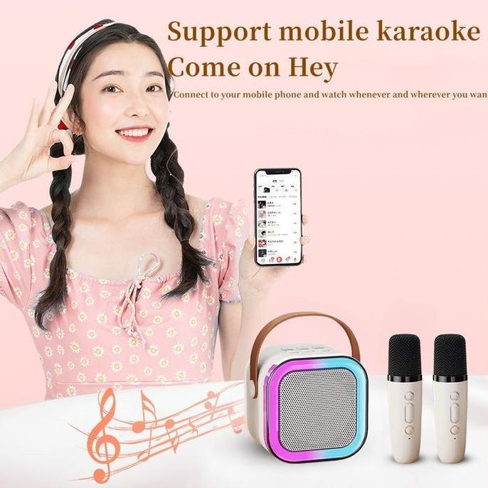 LED  Mini Portabel Bluetooth Speaker Speaker Bluetooth Karaoke Wireless Microphone Set  Dapat Terhub