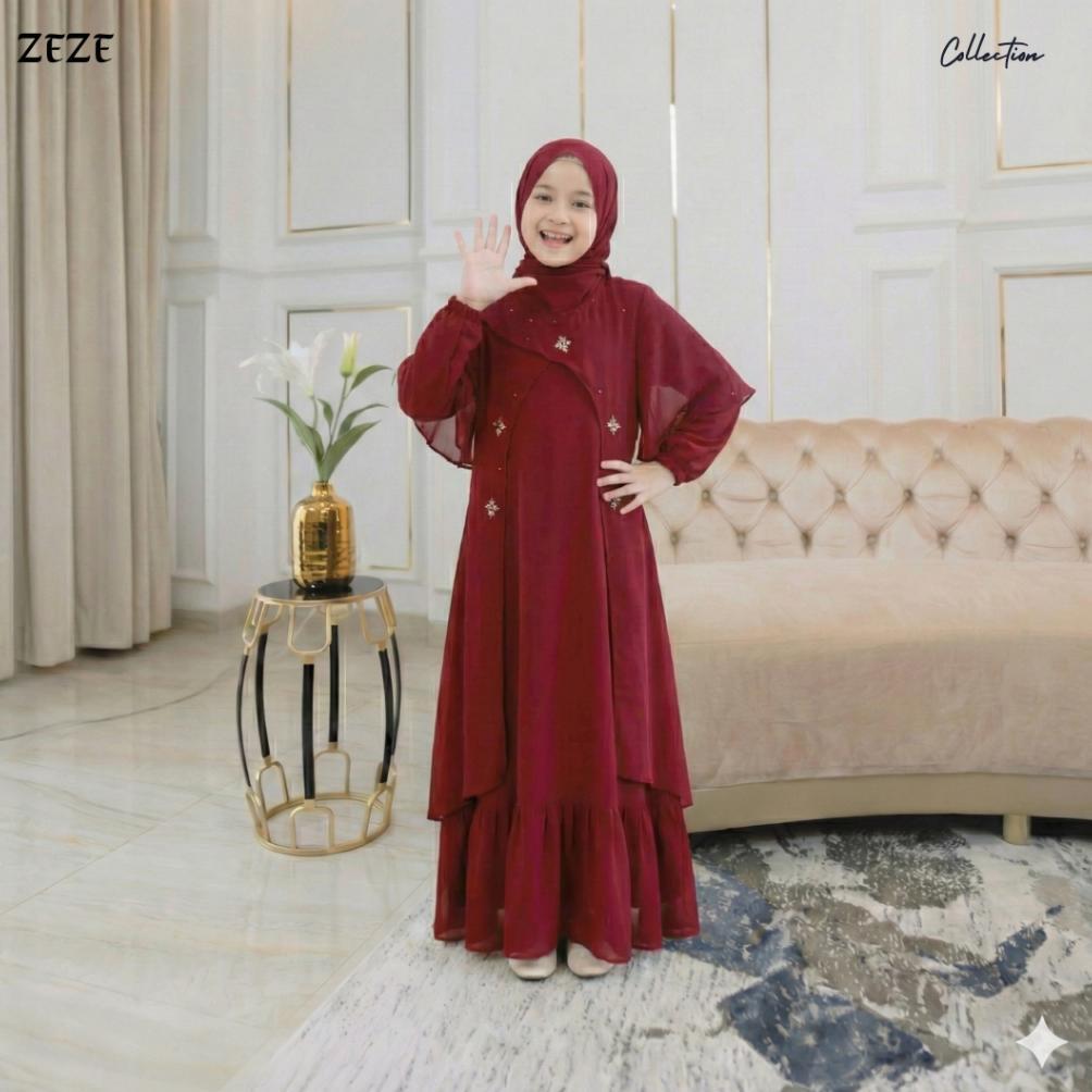 terbaru zeze - satu set zhena dress anak warna mahoganny kerudung dan gamis ceruty babydoll payet mu