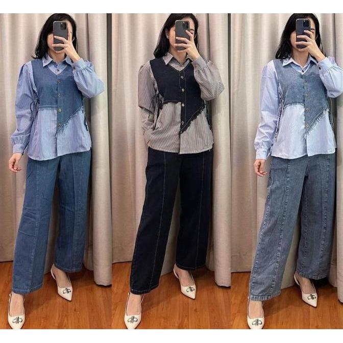 Religion- Sh - Alifhia Oneset Jeans Kombinasi Motif Salur Busui Friendly Wanita Kekinian Dewasa Musl