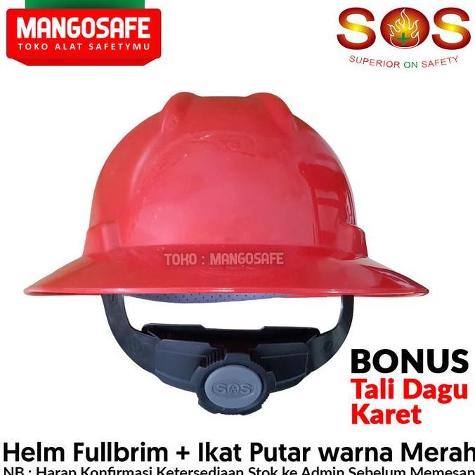 TERMURAH - Helm Safety Proyek Fullbrim Murah SOS warna Merah + ikat Kepala Putar + Tali Dagu Karet /