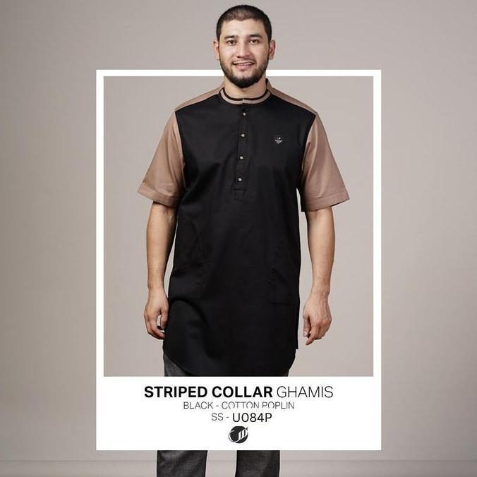 SAMASE U084P Ghamis Kurta Panjang Striped Collar Pakaian Muslim Pria lengan pendek