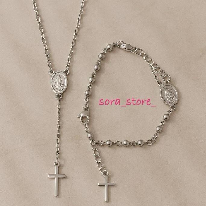 Set Gelang Dan Kalung Rosario Unisex Titanium Lapis Emas Asli Anti Karat Anti Pudar Anti Luntur Gaya