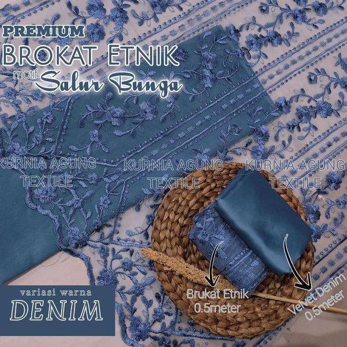 Meter Kain Brokat Tulle Bordir Motif Salur Bunga warna DENIM BLUE Bahan Brukat Bridesmaid Wisuda Ser
