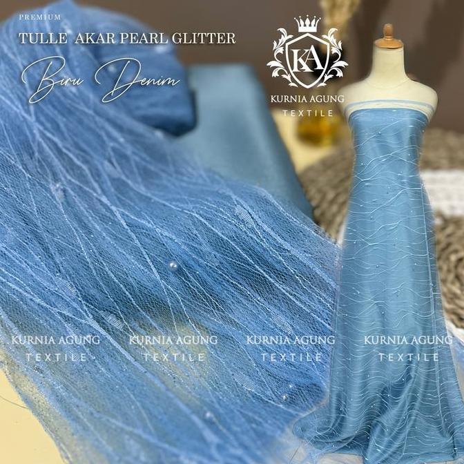 Kain Tile Akar Mutiara Glitter/Kain Brukat Tile Modern warna DENIM BIRU Bahan Gamis, Dress, Kebaya W