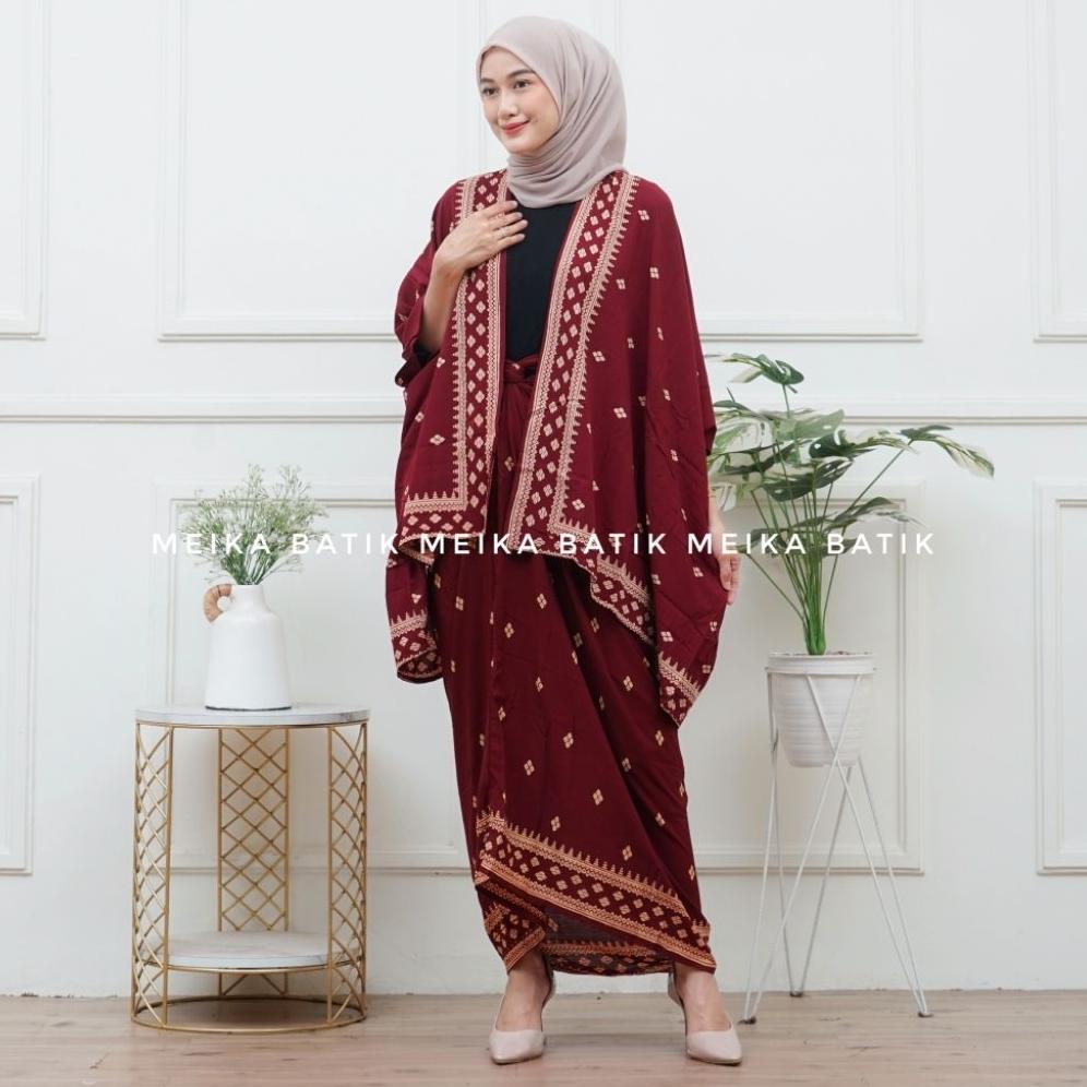 Terbaru Cardigan Batik Wanita One Set Rok Lilit Baju Kondangan Kekinian Outer Batik Kimono Set Kebay