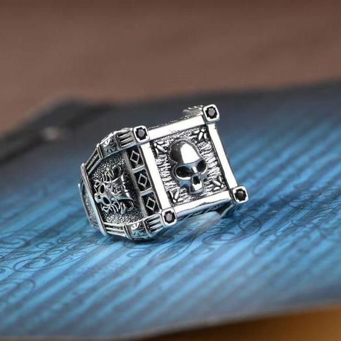 Youboy- Cincin Tengkorak Kotak Ukuran Adjustable / Cincin Persegi Motif Kepala Tengkorak Hip Hop Pun