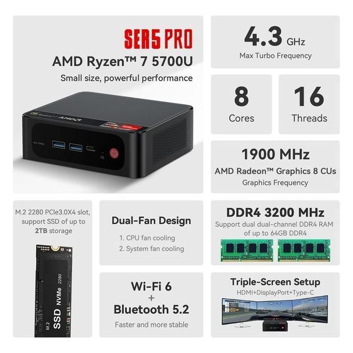 Beelink Mini PC SER5 PRO 5700U AMD Ryzen7 16/500GB NVMe Gaming Windows 11 Pro