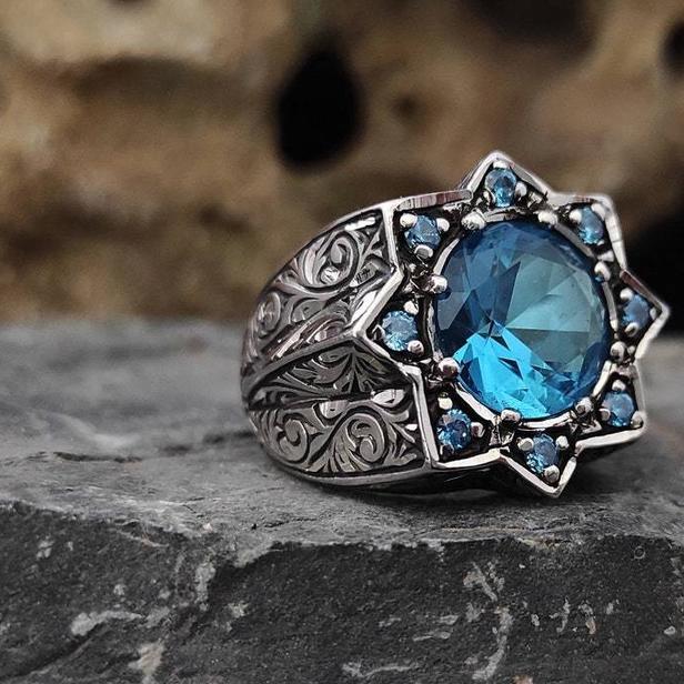 Desain Bintang Aquamarine Cincin Jari Vintage Perak Baja Titanium Berlian Kristal Pria Punk Fashion 