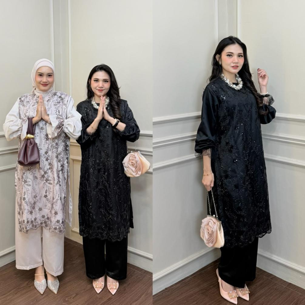 PROMO TERBARU Erica Set Luxury Atasan dan Bawahan Celana Tunik Baju Brukat Pesta Kondangan