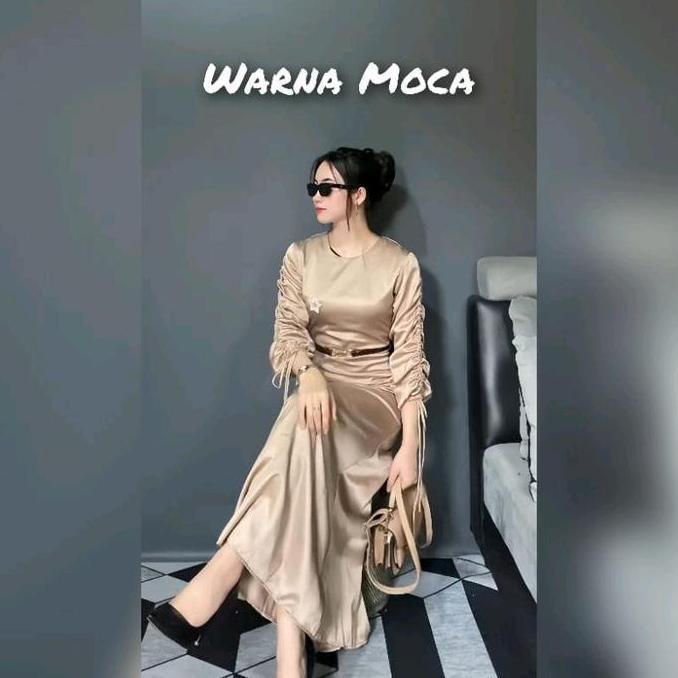 HARGA PRODUK Dress Darla Slik Satin - Dress Satin Lengan Serut - Dress Kodangan Bridesmaid  Wanita M