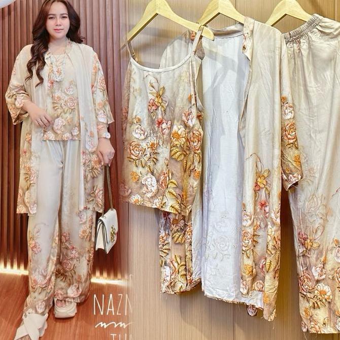 TERBARU  Nazma Setelan Tunik Raya Lebaran 2026 Set Wanita Celana Panjang 3 in 1 Rayon Motif Baju Mus