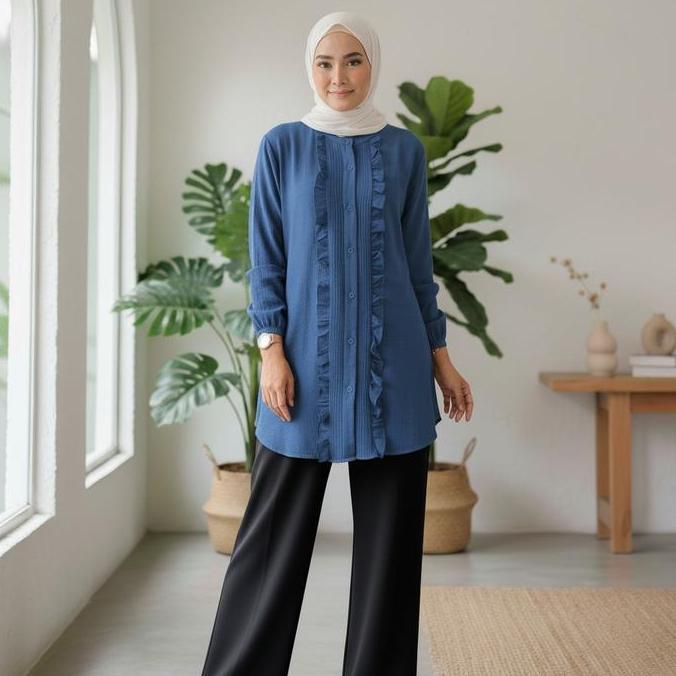 PREMIUM Fiora Tunik Opnaisel Series Polo Linen Full Kancing Depan - Baju Wanita Kekinian PREMIUM