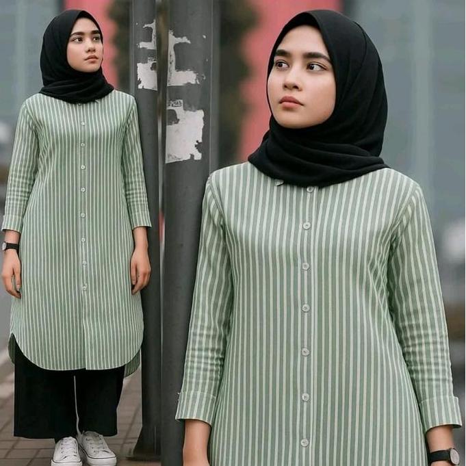 TERBARU  Diamond - Poply long tunik strip - atasan motif salur tunik panjang muslim remaja wanita TE