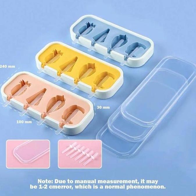 HYAKABA Cetakan Es Krim Lucu / Popsicle Mold Silikon / Cetakan Es Krim 4 Slot Bentuk Fruit Es Loli C