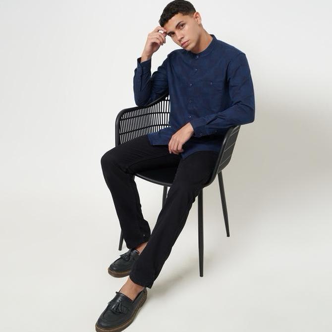 Clothes- Vanfive Kemeja Koko Pria Kotak Kotak Shanghai Lengan Panjang Zaid Navy