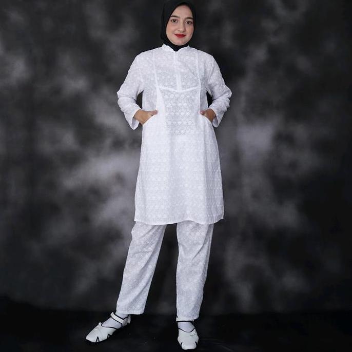 Baju Umroh Wanita Baju Ihram Wanita Setelan Tunik Putih    Atasan Celana Katun Bordir Muslim Panjang