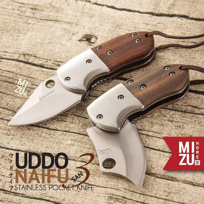 MIZU UDDONAIFU-SAN Stainless Pocket Knife Pisau Saku Lipat BROWNING