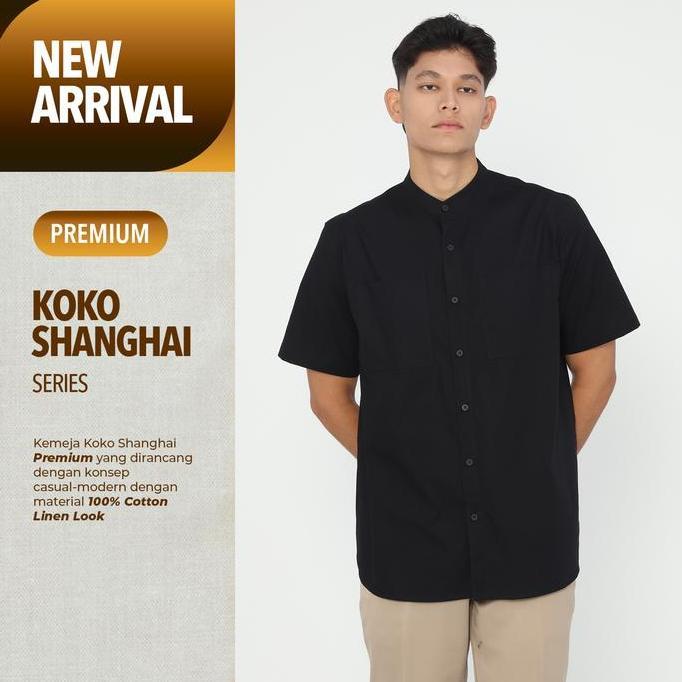 Erigo Koko Shanghai Premium Short Sleeve Bachar Black - Baju Koko Lengan Pendek Premium Katun Linen 