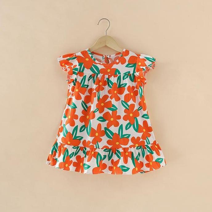 Lansungkirim- Baju Dress Anak Perempuan Katun Rayon Ruffle Import Motif Bunga Kembang Fashion