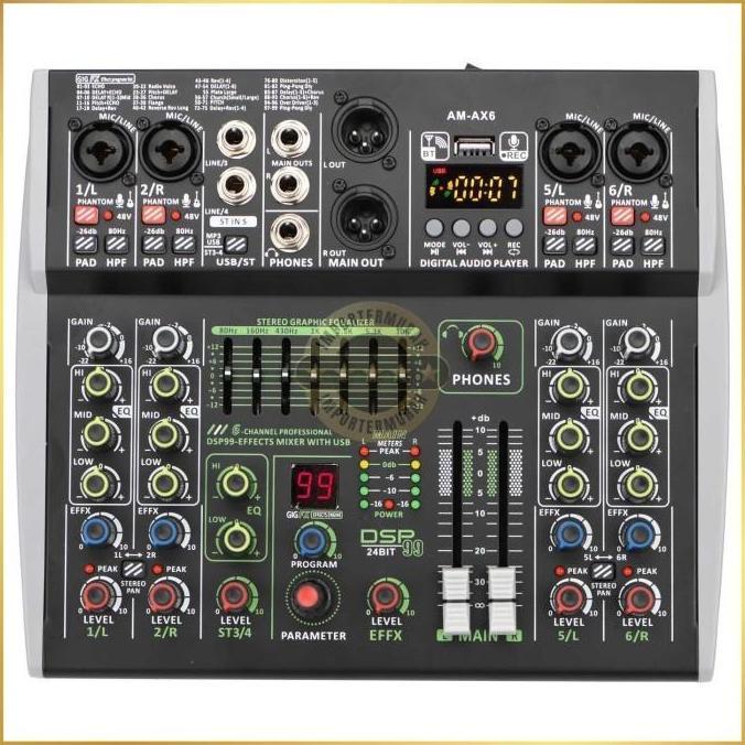 GIYANYAR Mixer Audio Professional DSP 99 Effects Bluetooth USB 6 Channel