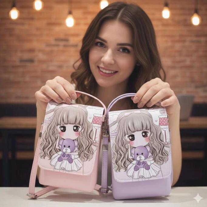 Tas Hp Anak Perempuan Karakter Princess Fashion Bahan Miniso Warna pink, Lilac Dengan Tali Selempang