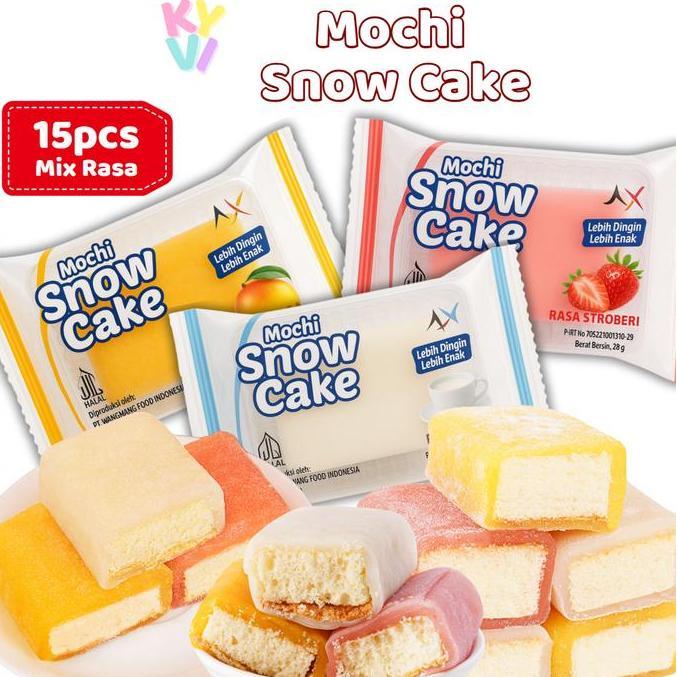 Jjd- Kyvi - Mochi Snow Cake Isi 15Pcs Mix Rasa Pandan Strawberry Mango Milk Chocolate Halal, Lembut,