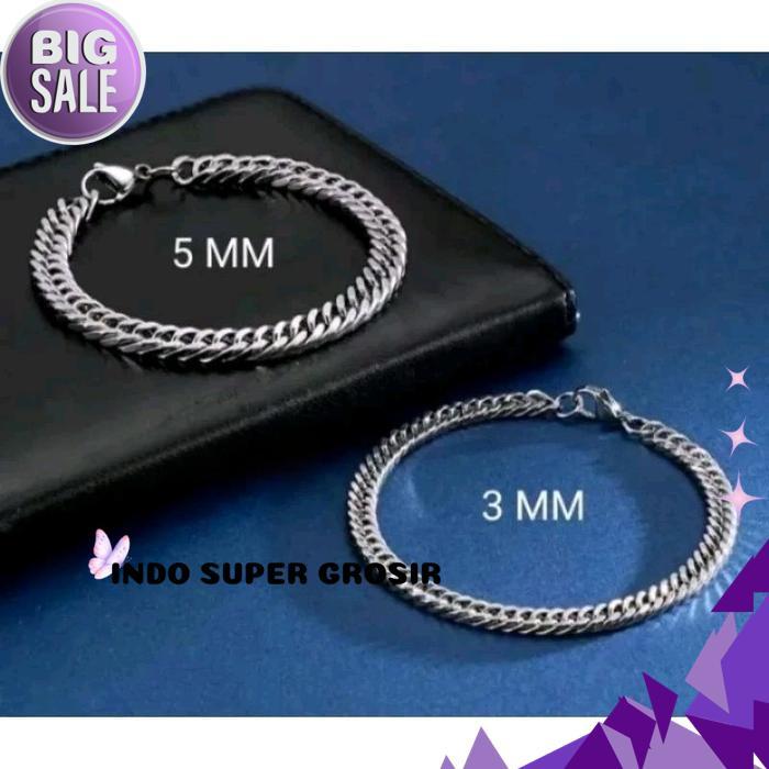 GELANG RANTAI JALIN TITANIUM PRIA - SILVER 3MM & 5MM ANTI KARAT
