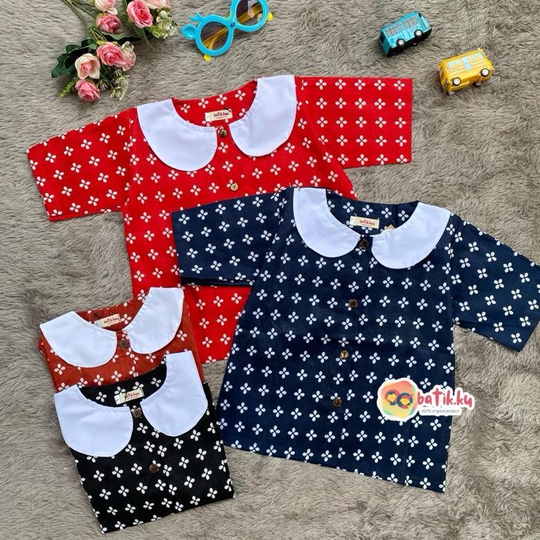 Grosir Atasan Batik Anak Perempuan Sekolah Blus Batik Anak Batik Bunga Tutul Merah Bata Navy Hitam B