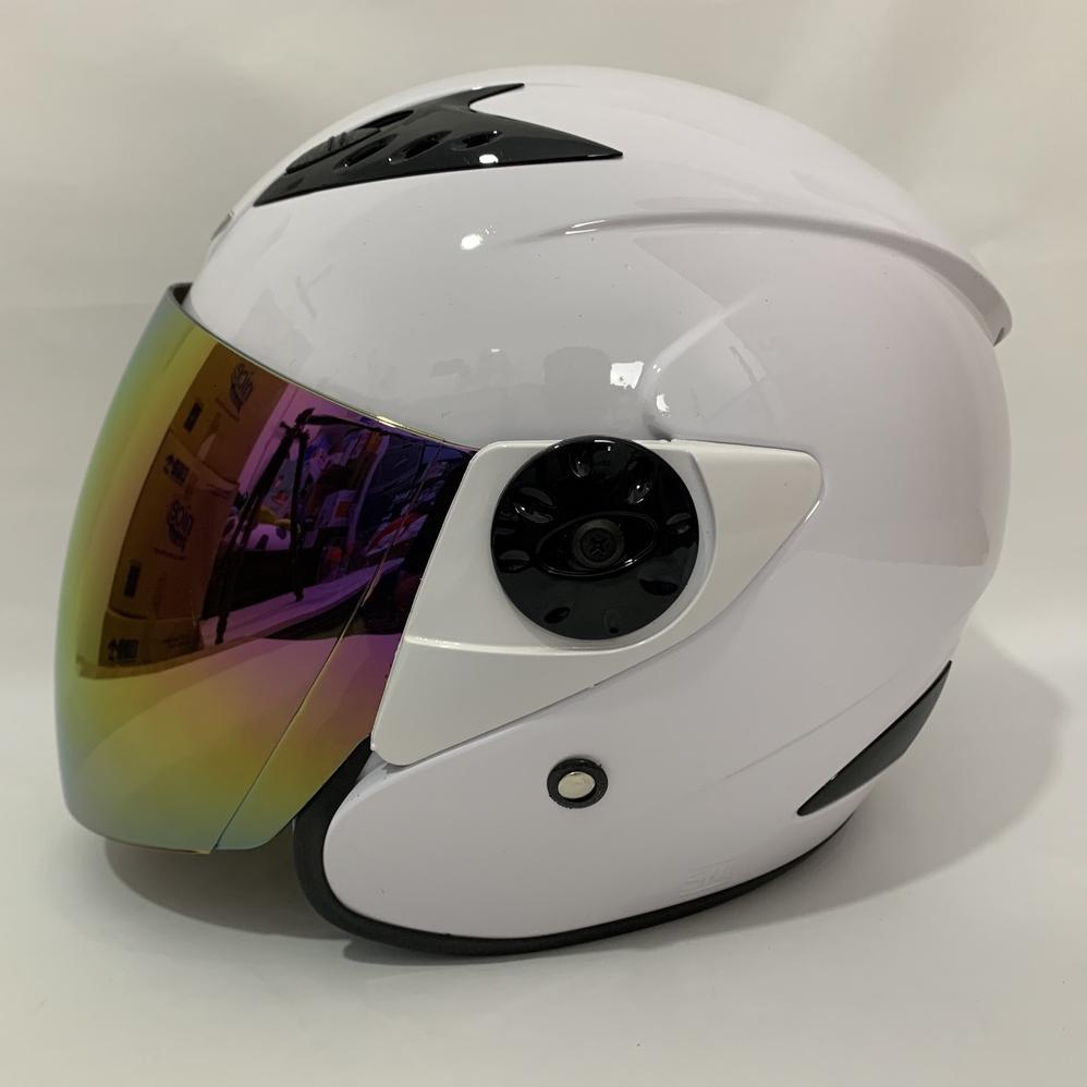 Terlaris Helm Vision 2 Putih Glossy Polos Solid - Kaca Iridium Silver Pelangi Rainbow - Helm Vision 