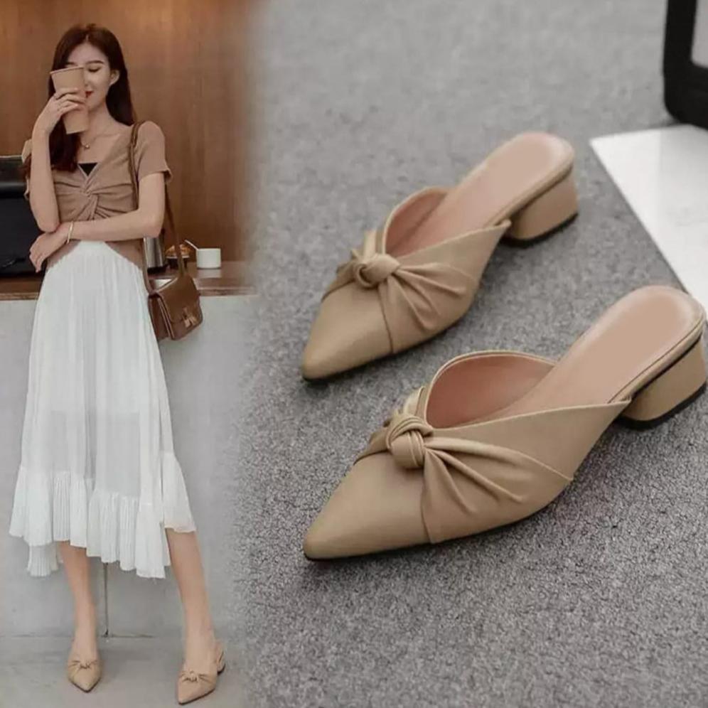 Jejak Flat Mules Wanita Tertutup Cantik Hak 4cm Warna Hitam Cream Moka Size 36-40 (CK564) [S2]