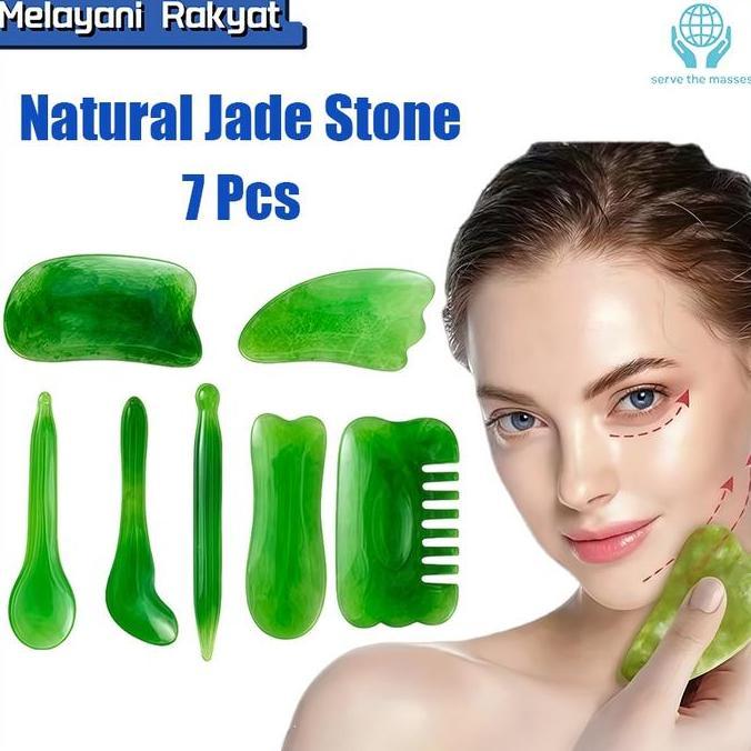 7Pcs Alat Pijat Wajah Gua Sha Gua Sha Board Batu Jade Giok Asli Alami Massage Massager Stone