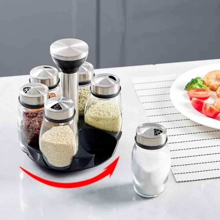 Rempah Bumbu Set Tempat Botol Bumbu 7In1 Rak Bumbu Putar Wadah Bumbu Toples Tempat Bumbu Dapur Tempa
