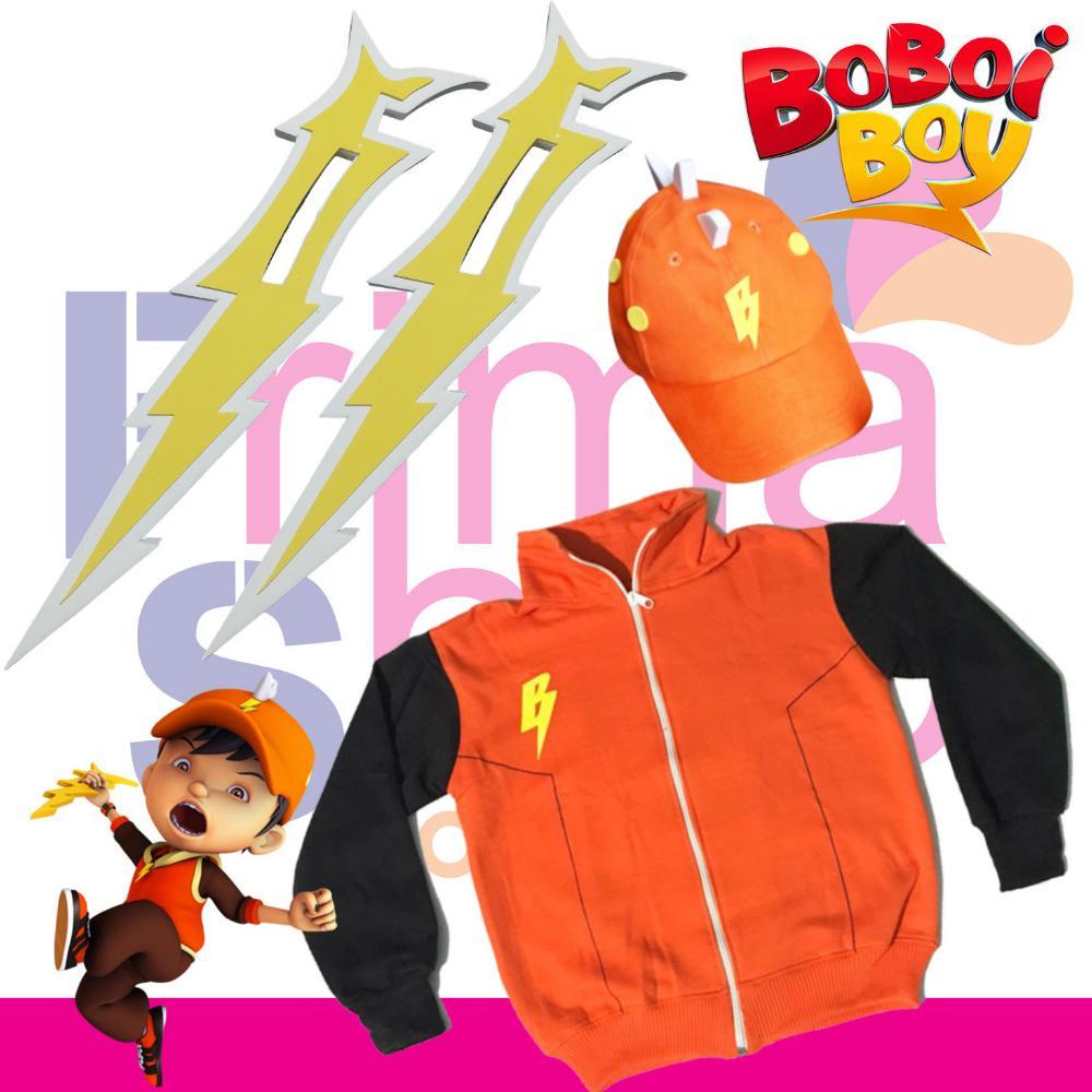 paket kostum anak topi + jaket sweater + keris petir boboiboy stokready