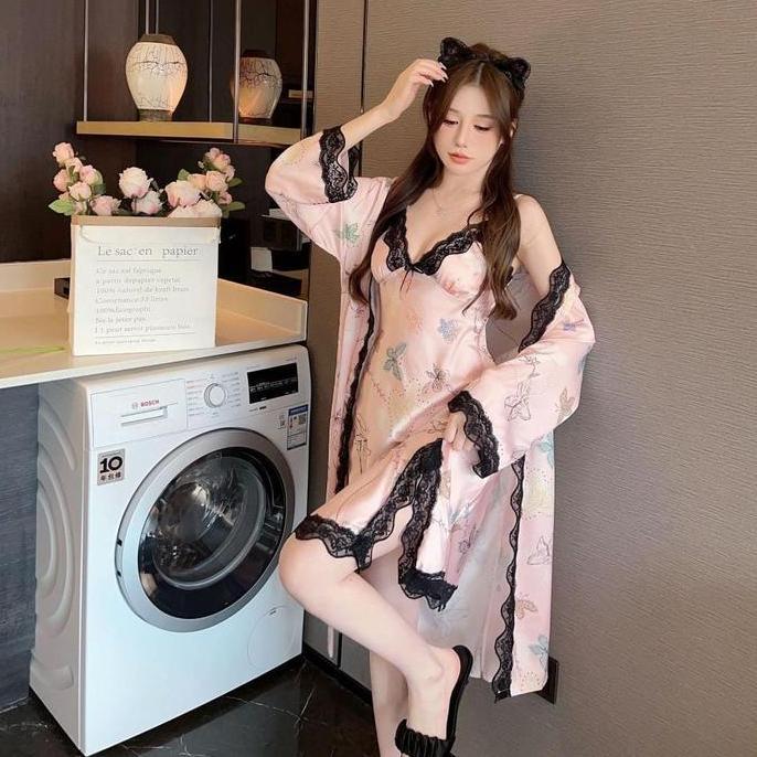 Baju Tidur Kimono Wanita Dewasa Sexy Hot Sexy Elegan / Set Lingerie Dress Seserahan Motif Lembut Piy
