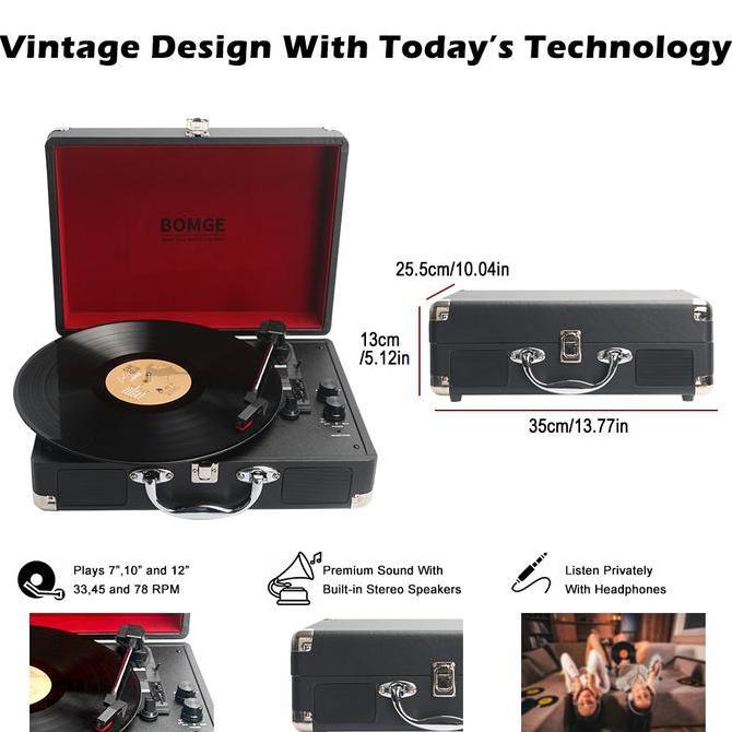 Vromdakar - BOMGE BMG1603 Vintage Record Turntable With Speakers Briefcase Player 3 Speed Vintage wi