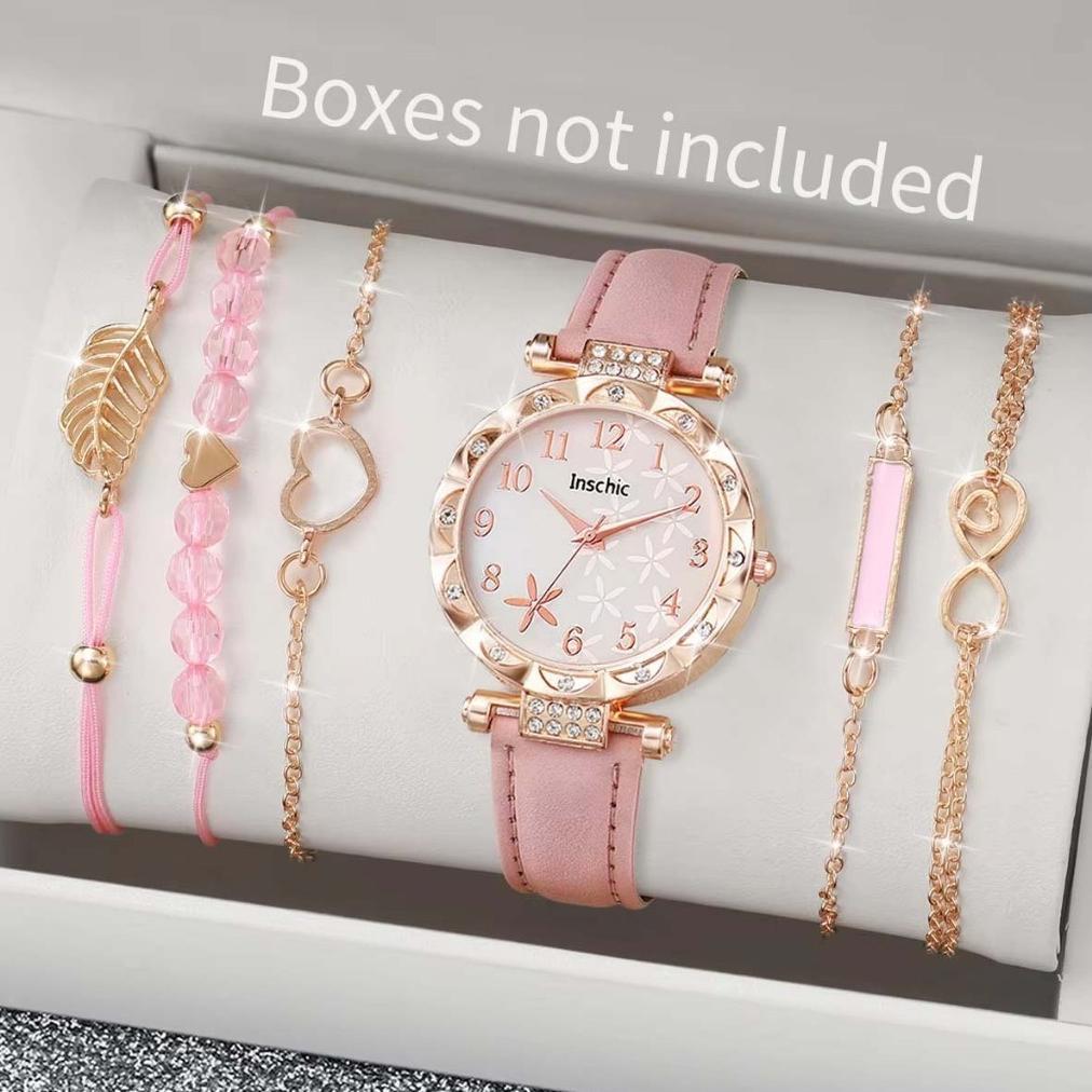 TERBARU 5PCSINS Jam Tangan Kuarsa Wanita Wanita Bunga Kuarsa Jam Tangan Arab Digital Dial Gelang Set