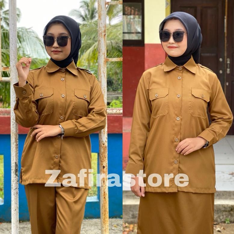 PREMIUM BAJU PEMDA WANITA PNS TERBARU MODEL SETELAN SAKU DADA