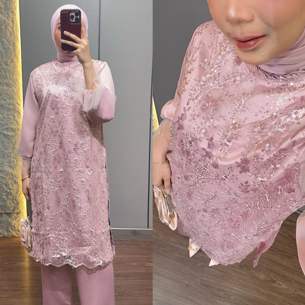 BESTPROMO ERICA SET LUXURY ATASAN DAN BAWAHAN CELANA TUNIK BAJU BRUKAT PESTA KONDANGAN