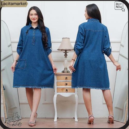 Tunik Jeans Wanita Dewasa Terbaru 2025 Kekinian Import Harga Murah Model Jumbo Bordir Ld 110,Ld 120 