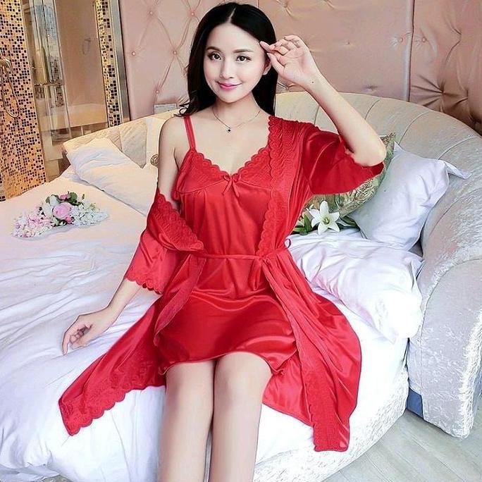 Baju Tidur Kimono Lingerie Sexy 2In1 Tricot Satin Import Wanita