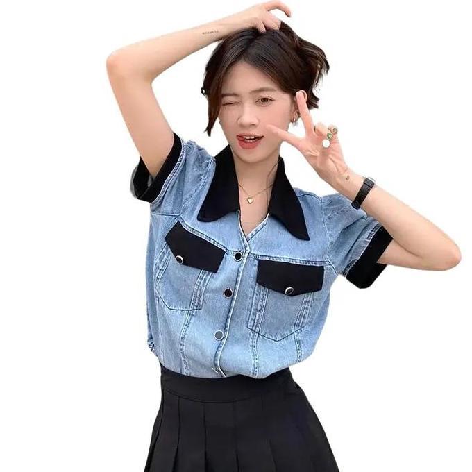983-KEMEJA JEANS WANITA LENGAN PENDEK/KEMEJA & BLOUSE WANITA LENGAN PENDEK Nyaman Denim