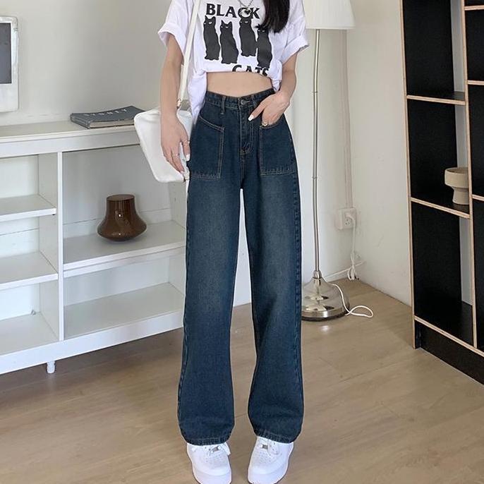YOYO-Celana Jeans kulot Korea Celana biru retro loose pants highwaist wanita