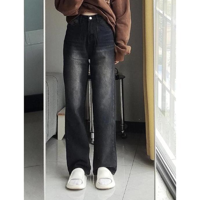 Abu abu Highwaist Loose Celana Jeans Panjang Wanita / Fashion Kulot Jeans Wanita