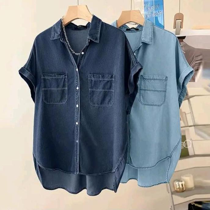 KEMEJA JEANS ATASAN WANITA / BLOUSE JEANS ATASAN WANITA LENGAN PENDEK