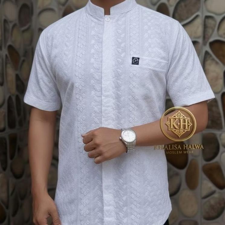 BESTPROMO KOKO BORDIR FULL KATUN PARIS PUTIH BERSIH MODEL PANJANG PENDEK | KOKO PRIA PUTIH